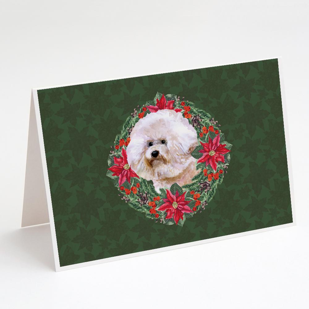Bichon Frise #2 Poinsetta Wreath Greeting Cards Pack of 8 Blank Cards with Envelopes Whimsical A7 Size 5x7