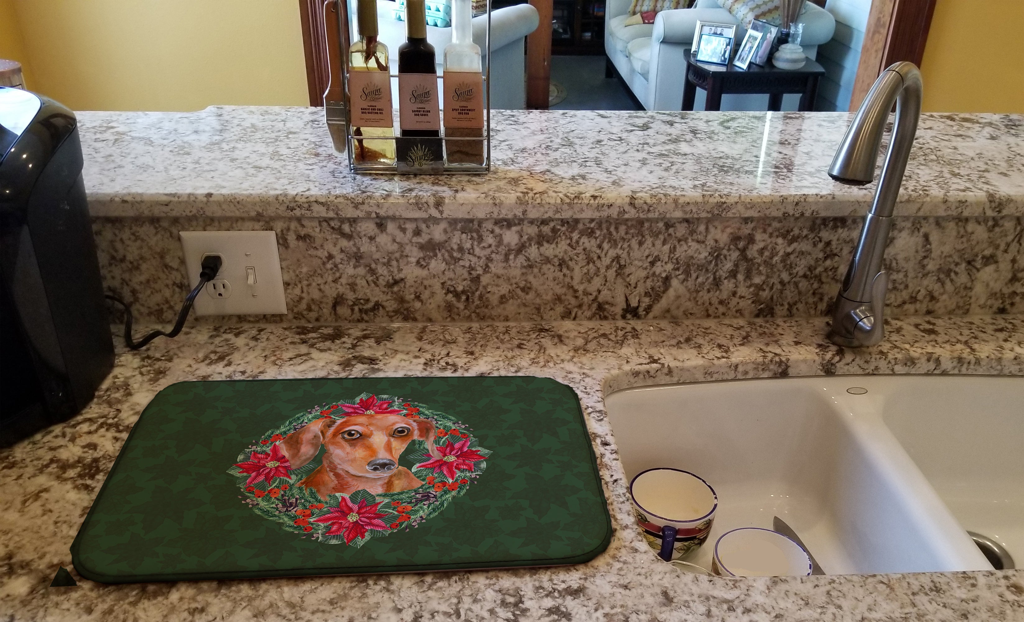 Red Dachshund Poinsetta Wreath Dish Drying Mat Absorbent Dish Drying Mat Pad for Kitchen Counter Dish Drainer Mat for Countertop, 14 x 21", Multicolor