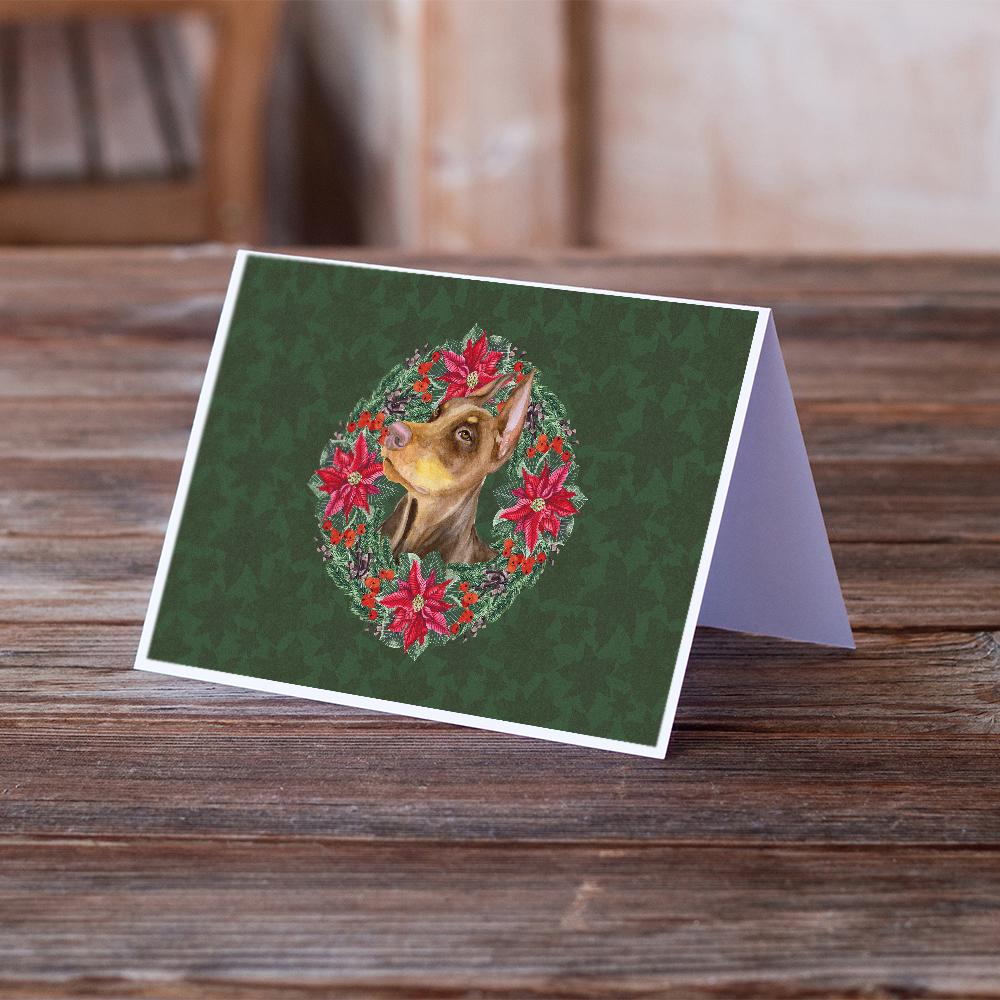 Doberman Pinscher Poinsetta Wreath Greeting Cards Pack of 8 Blank Cards with Envelopes Whimsical A7 Size 5x7