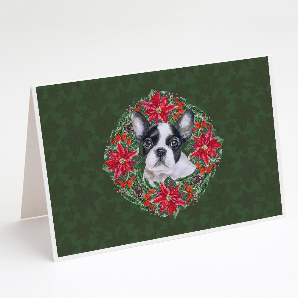 French Bulldog Black White Poinsetta Wreath Greeting Cards Pack of 8 Blank Cards with Envelopes Whimsical A7 Size 5x7