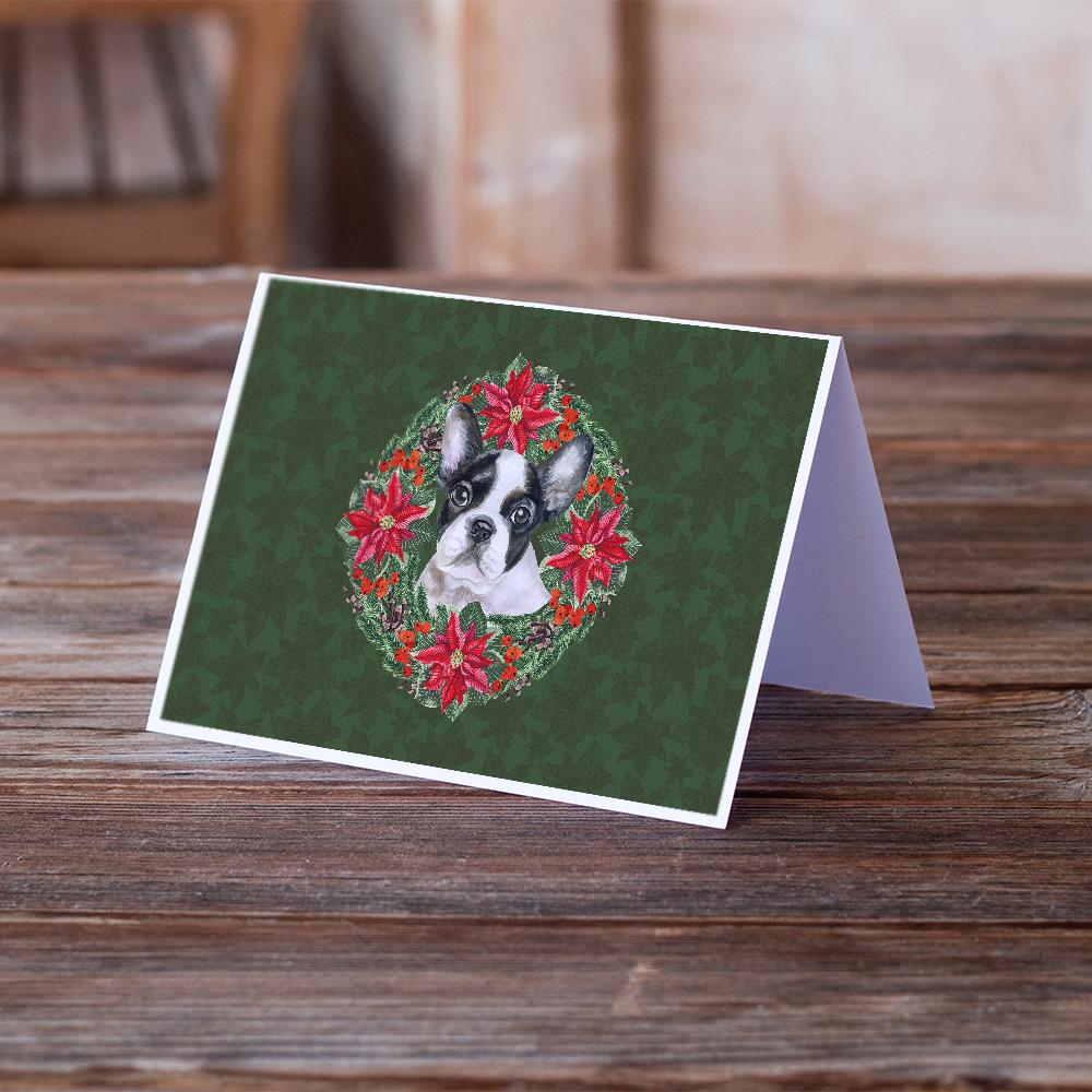 French Bulldog Black White Poinsetta Wreath Greeting Cards Pack of 8 Blank Cards with Envelopes Whimsical A7 Size 5x7