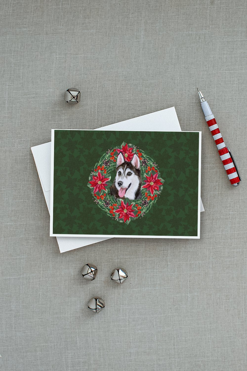 Siberian Husky #2 Poinsetta Wreath Greeting Cards Pack of 8 Blank Cards with Envelopes Whimsical A7 Size 5x7