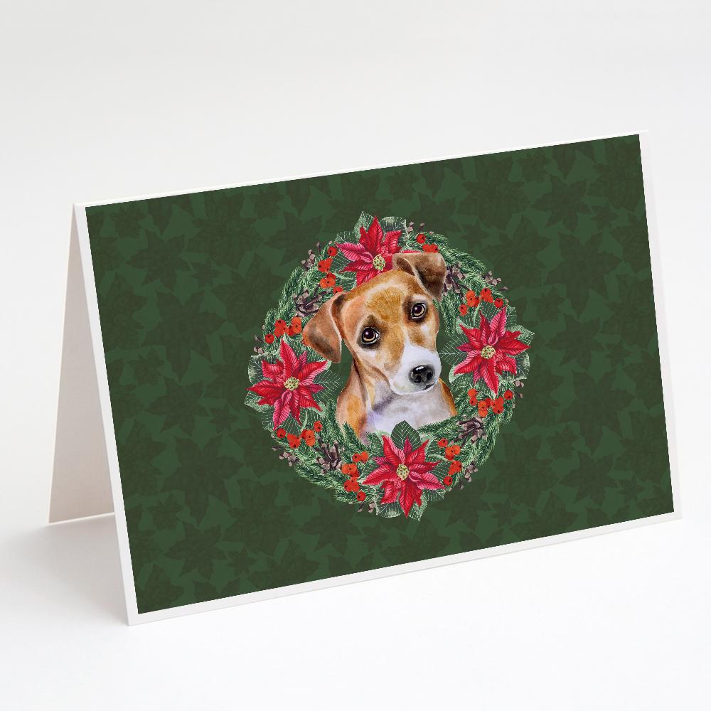Jack Russell Terrier #2 Poinsetta Wreath Greeting Cards Pack of 8 Blank Cards with Envelopes Whimsical A7 Size 5x7