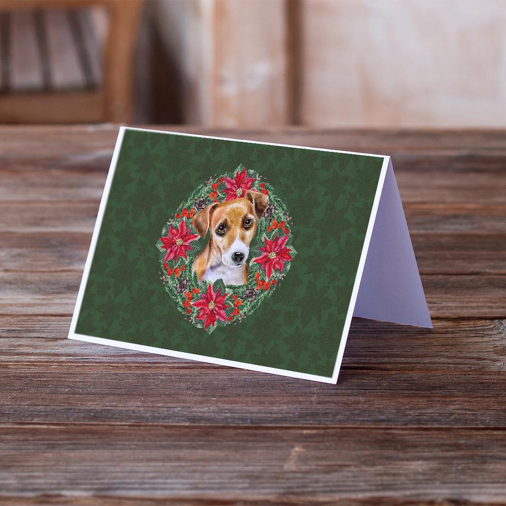 Jack Russell Terrier #2 Poinsetta Wreath Greeting Cards Pack of 8 Blank Cards with Envelopes Whimsical A7 Size 5x7