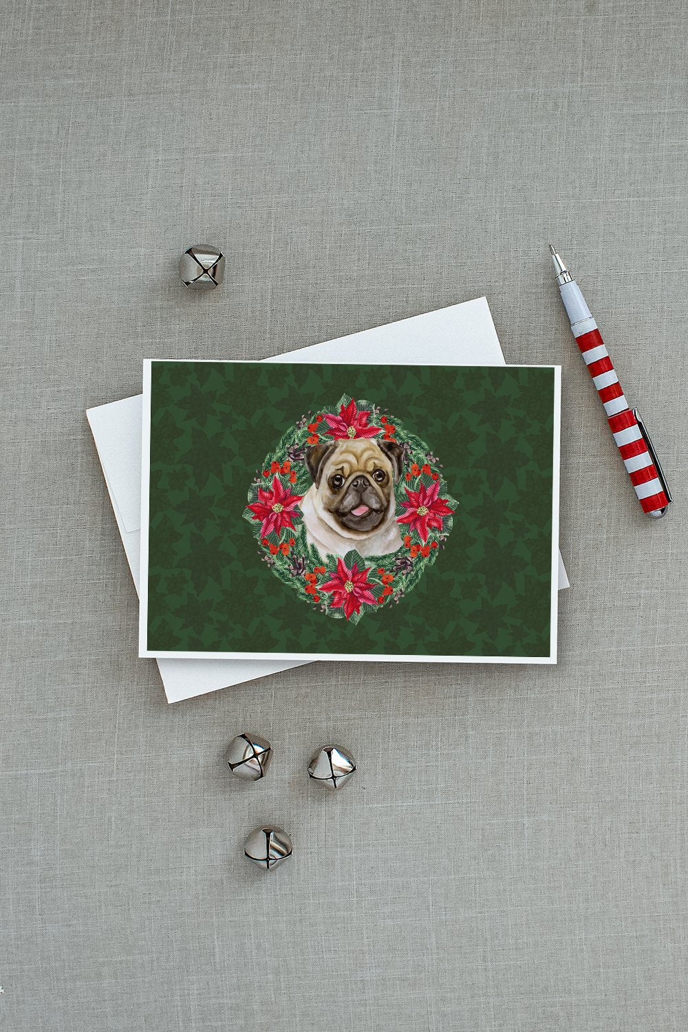 Fawn Pug Poinsetta Wreath Greeting Cards Pack of 8 Blank Cards with Envelopes Whimsical A7 Size 5x7