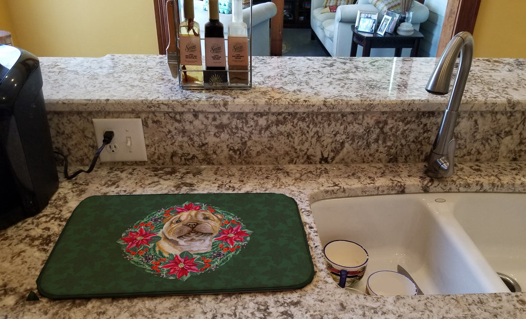 Shar Pei Puppy Poinsetta Wreath Dish Drying Mat Absorbent Dish Drying Mat Pad for Kitchen Counter Dish Drainer Mat for Countertop, 14 x 21", Multicolor