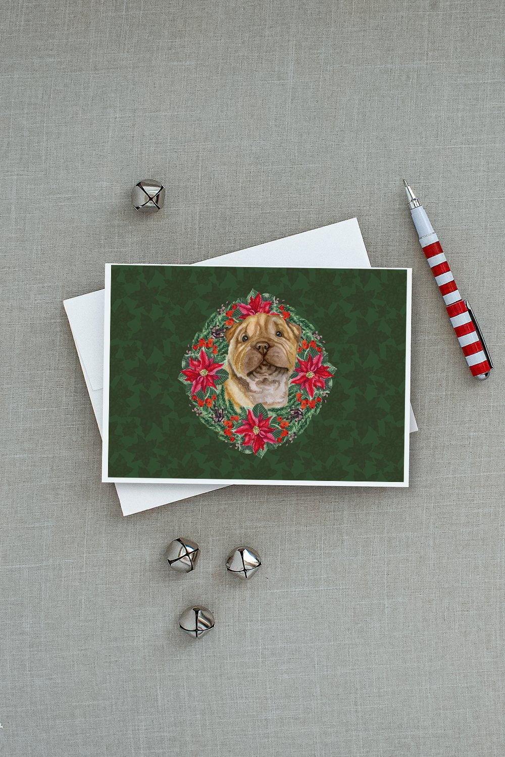 Shar Pei Puppy Poinsetta Wreath Greeting Cards Pack of 8 Blank Cards with Envelopes Whimsical A7 Size 5x7