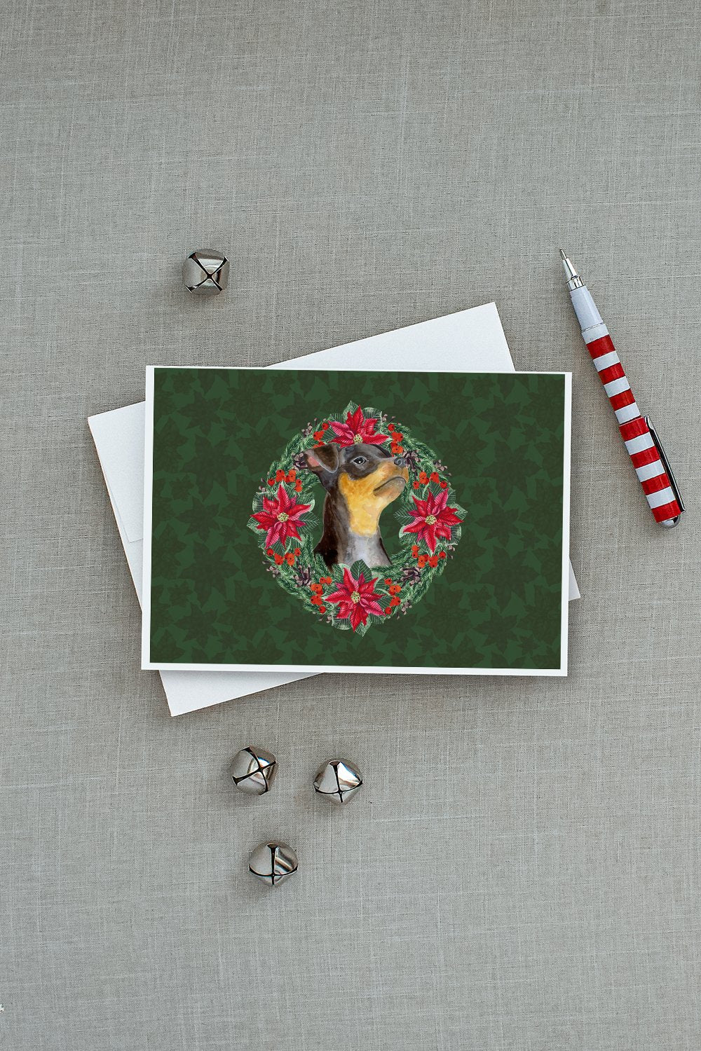 Miniature Pinscher #2 Poinsetta Wreath Greeting Cards Pack of 8 Blank Cards with Envelopes Whimsical A7 Size 5x7