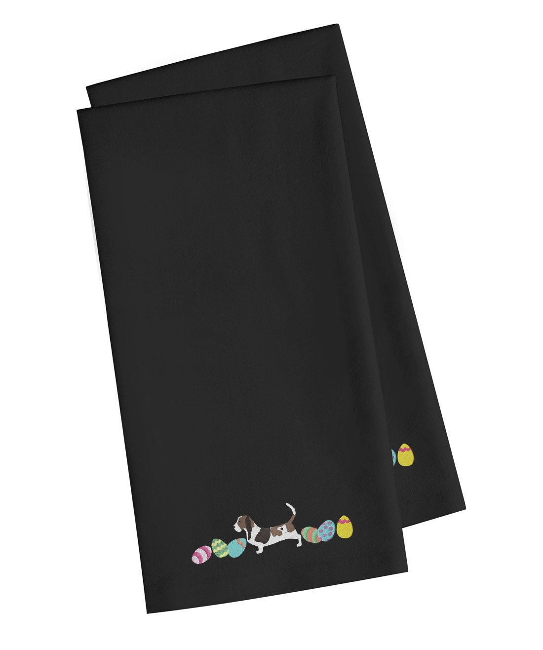 Basset Hound Easter Black Embroidered Towel Set of 2 Decorative Bathroom Guest Hand Towel for Hand, Face, Tea, Dishcloth, 19 X 25, Black