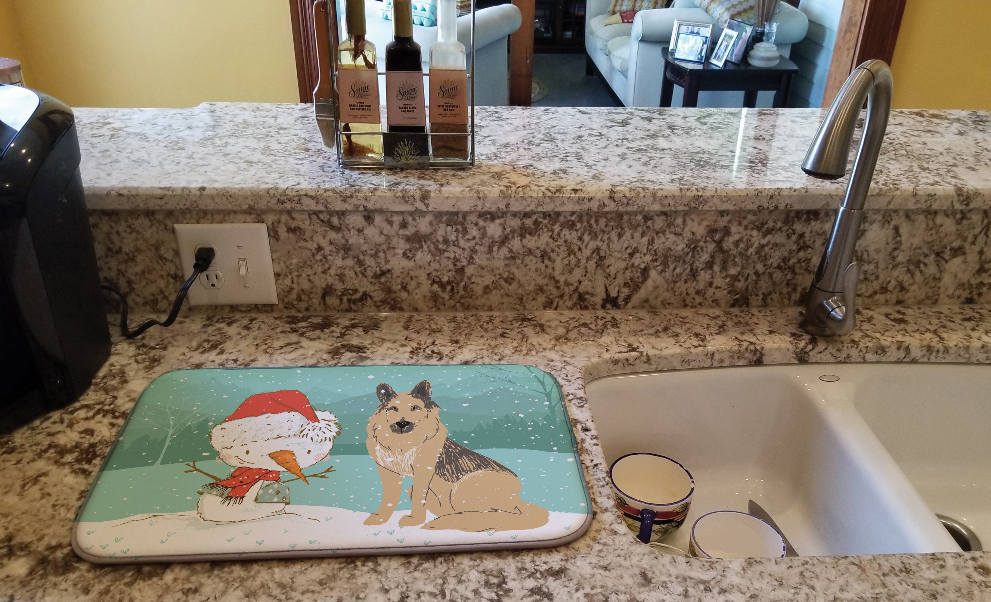German Shepherd and Snowman Christmas Dish Drying Mat Absorbent Dish Drying Mat Pad for Kitchen Counter Dish Drainer Mat for Countertop, 14 x 21", Multicolor