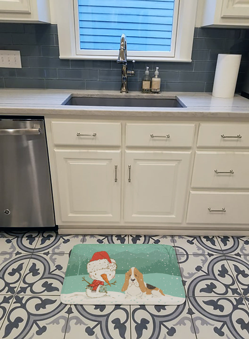 Basset Hound Snowman Christmas Memory Foam Kitchen Mat Machine Washable Anti-Fatigue Cushion Comfort Bath or Kitchen Rug