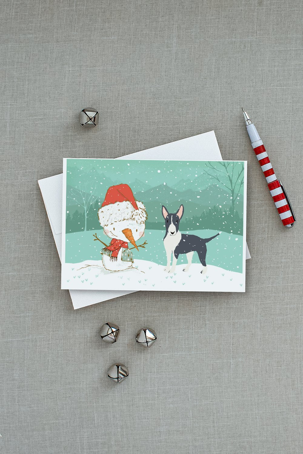 Black Bull Terrier Snowman Christmas Greeting Cards Pack of 8 Blank Cards with Envelopes Whimsical A7 Size 5x7