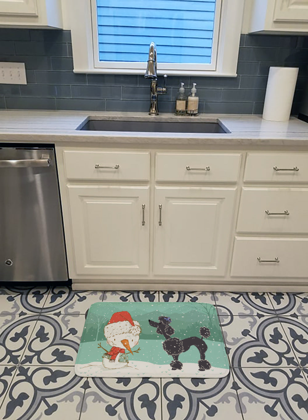 Black Poodle Snowman Christmas Memory Foam Kitchen Mat Machine Washable Anti-Fatigue Cushion Comfort Bath or Kitchen Rug
