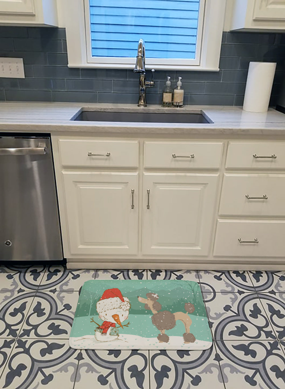 Chocolate Poodle Snowman Christmas Memory Foam Kitchen Mat Machine Washable Anti-Fatigue Cushion Comfort Bath or Kitchen Rug