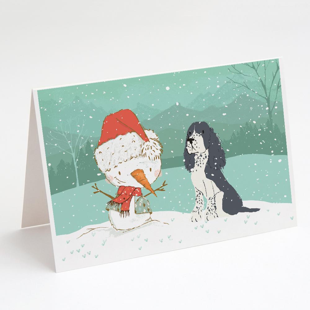 English Springer Spaniel Snowman Christmas Greeting Cards Pack of 8 Blank Cards with Envelopes Whimsical A7 Size 5x7