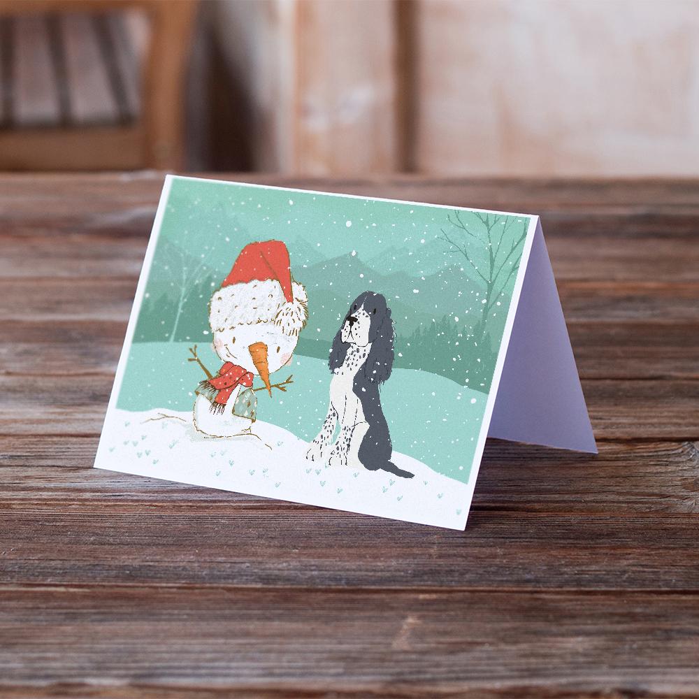 English Springer Spaniel Snowman Christmas Greeting Cards Pack of 8 Blank Cards with Envelopes Whimsical A7 Size 5x7