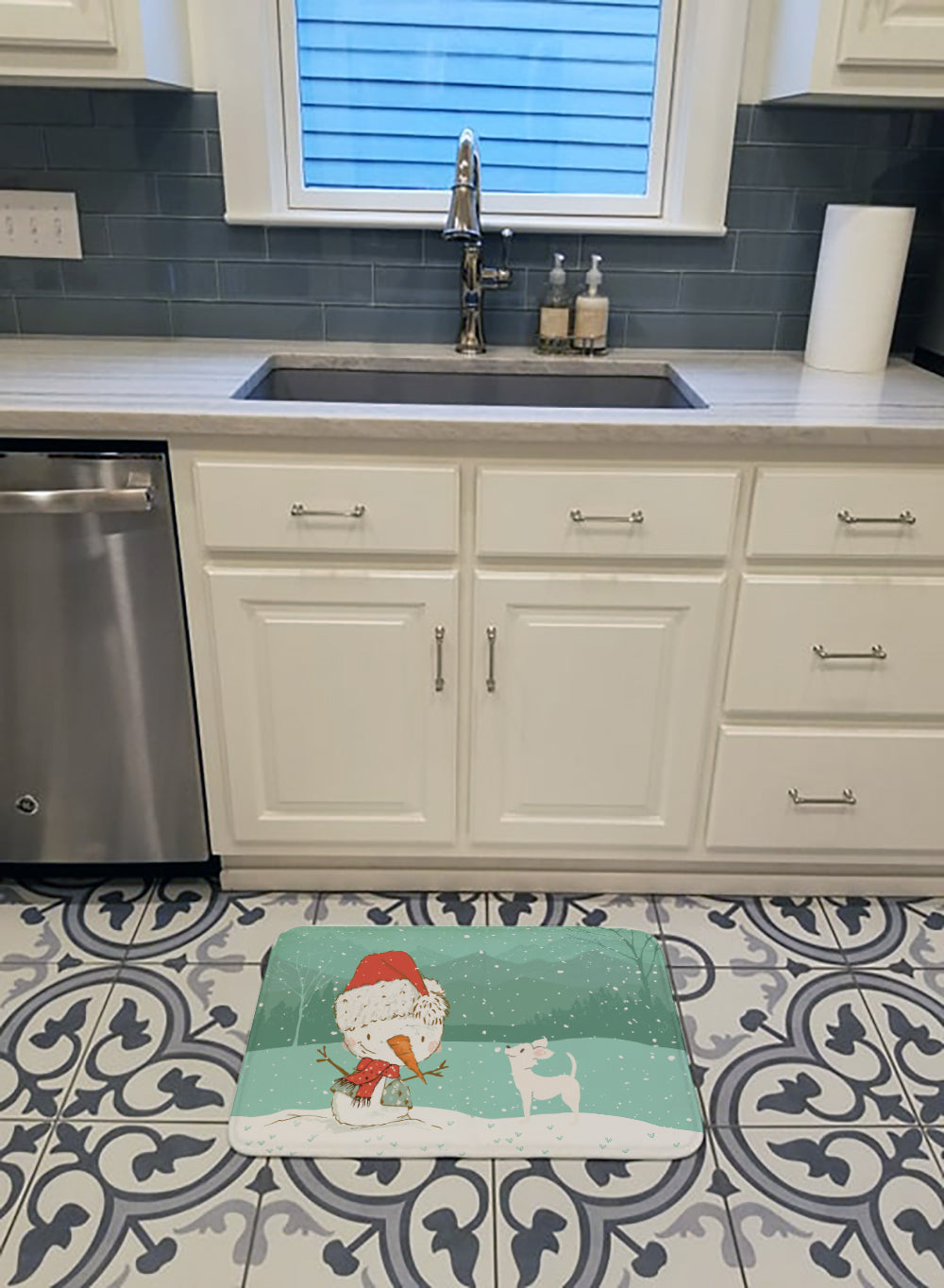 White Chihuahua Snowman Christmas Memory Foam Kitchen Mat Machine Washable Anti-Fatigue Cushion Comfort Bath or Kitchen Rug