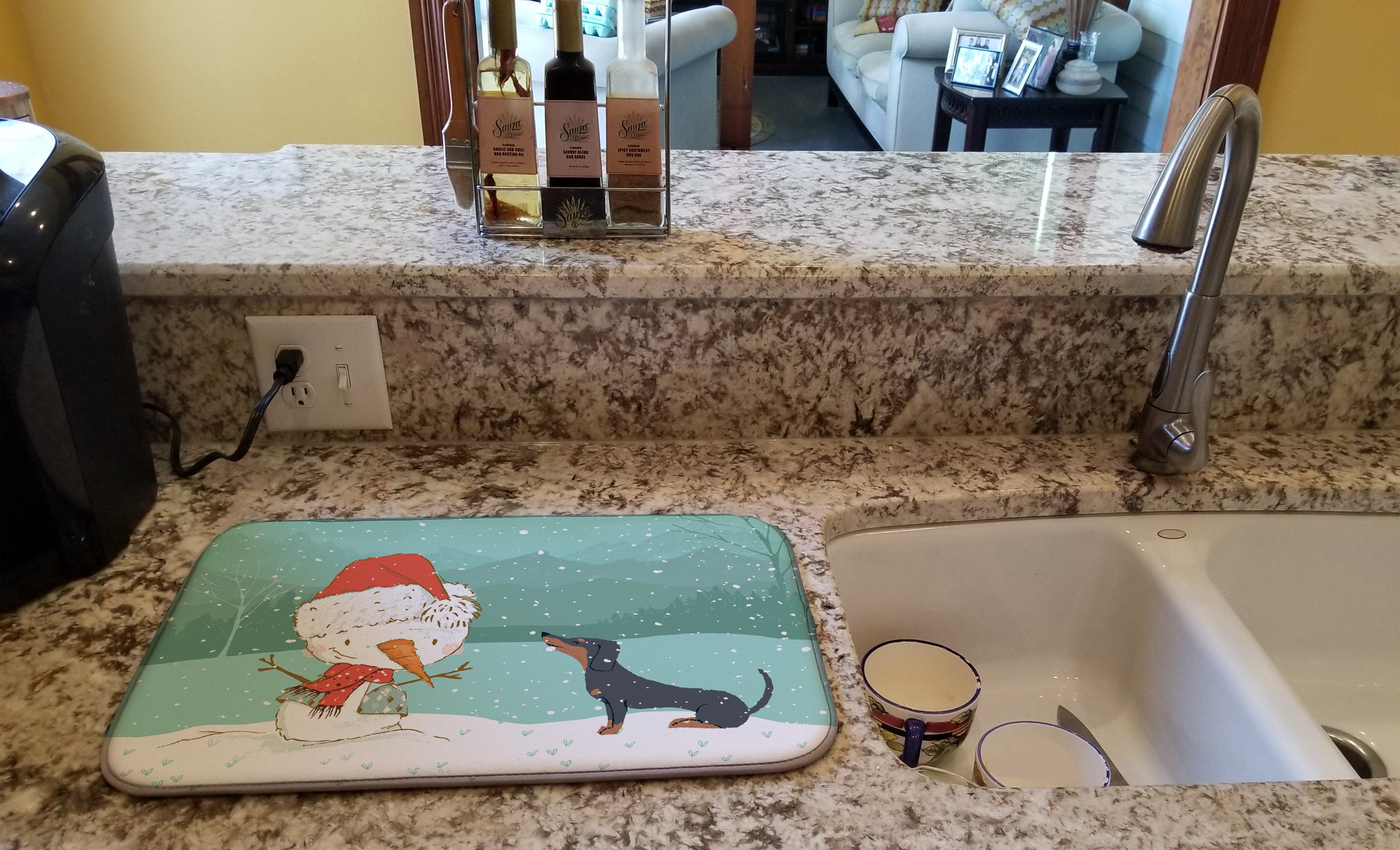 Black Tan Dachshund Snowman Christmas Dish Drying Mat Absorbent Dish Drying Mat Pad for Kitchen Counter Dish Drainer Mat for Countertop, 14 x 21", Multicolor