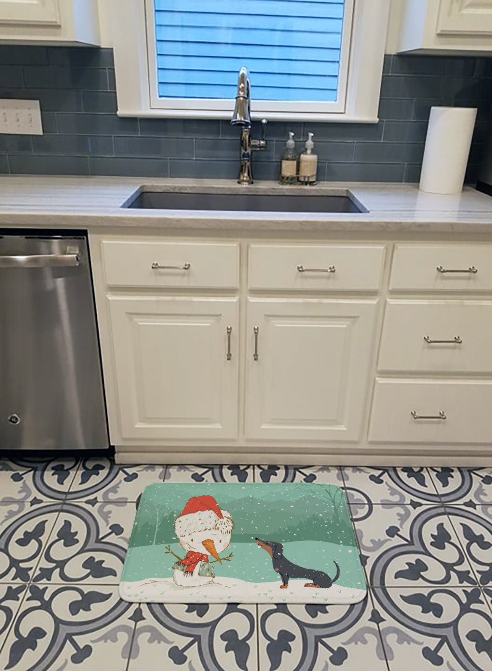 Black Tan Dachshund Snowman Christmas Memory Foam Kitchen Mat Machine Washable Anti-Fatigue Cushion Comfort Bath or Kitchen Rug