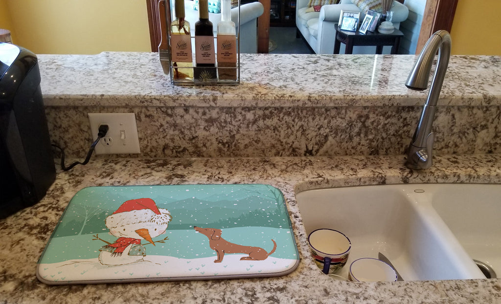 Red Dachshund Snowman Christmas Dish Drying Mat Absorbent Dish Drying Mat Pad for Kitchen Counter Dish Drainer Mat for Countertop, 14 x 21", Multicolor