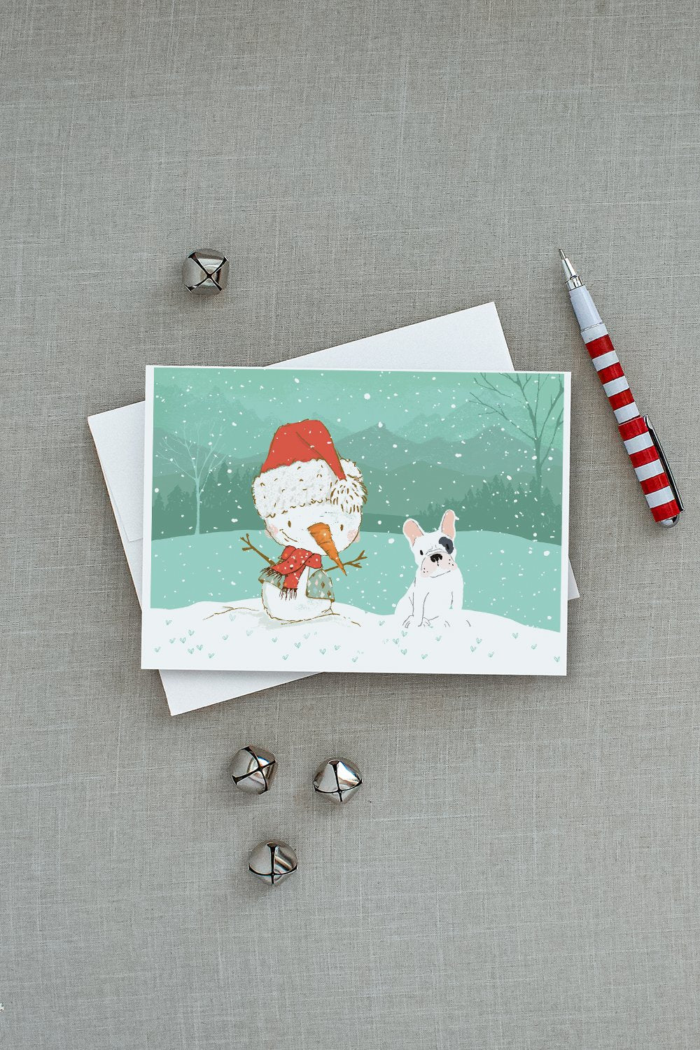 Piebald French Bulldog Snowman Christmas Greeting Cards Pack of 8 Blank Cards with Envelopes Whimsical A7 Size 5x7