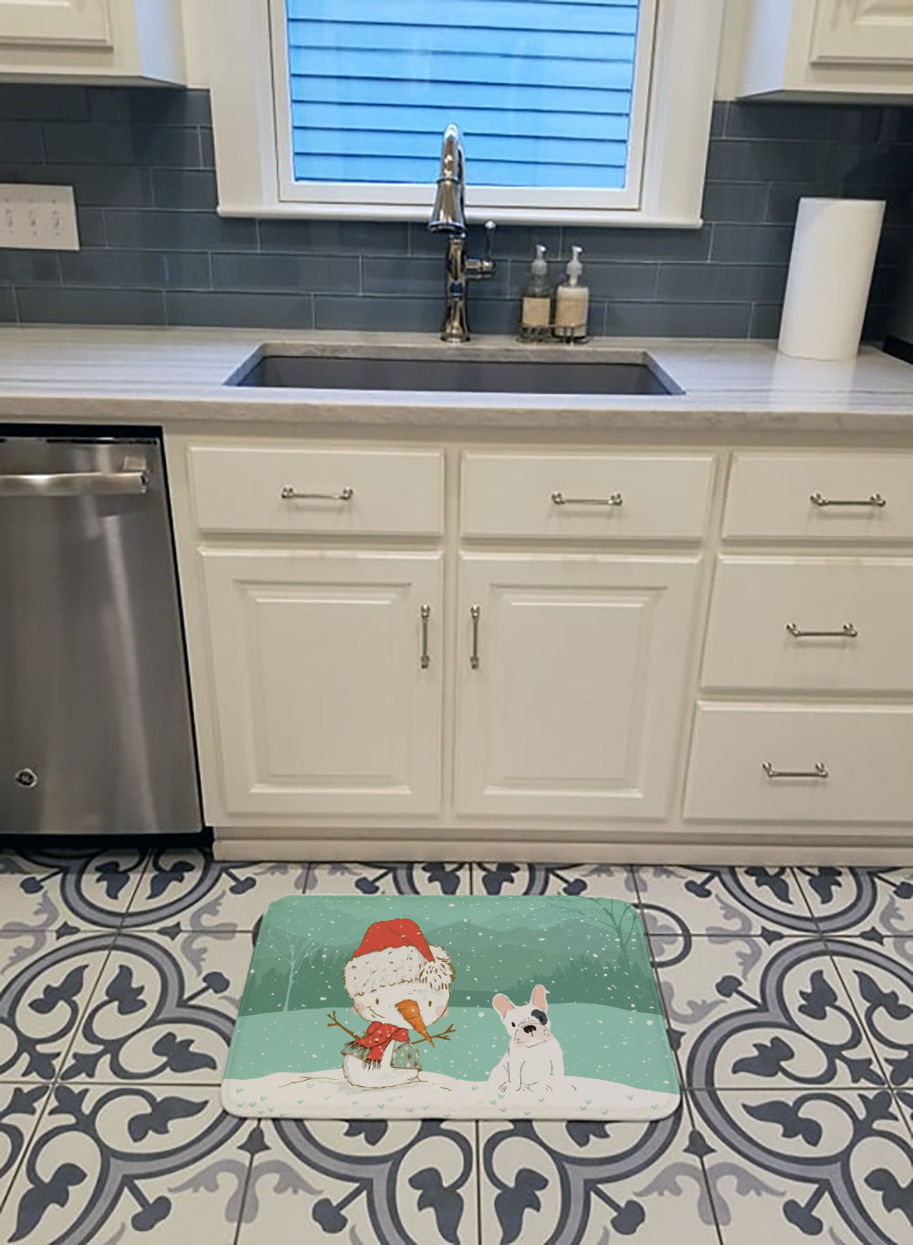 Piebald French Bulldog Snowman Christmas Memory Foam Kitchen Mat Machine Washable Anti-Fatigue Cushion Comfort Bath or Kitchen Rug