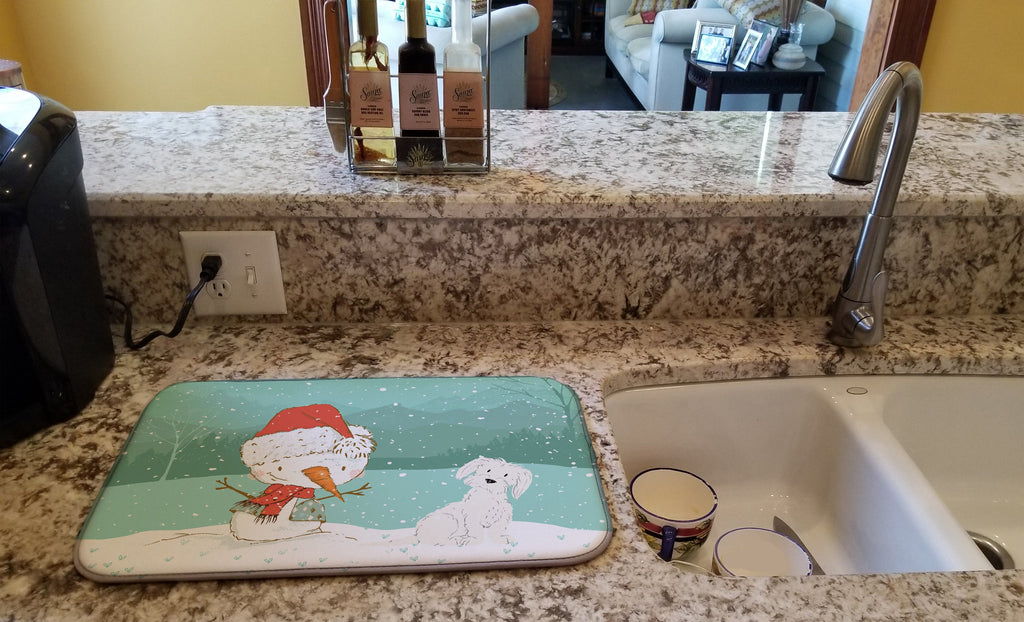 Maltese Snowman Christmas Dish Drying Mat Absorbent Dish Drying Mat Pad for Kitchen Counter Dish Drainer Mat for Countertop, 14 x 21", Multicolor