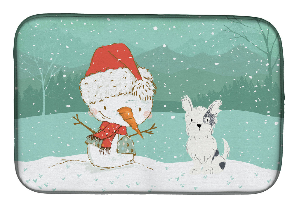 Black and White Terrier Snowman Christmas Dish Drying Mat Absorbent Dish Drying Mat Pad for Kitchen Counter Dish Drainer Mat for Countertop, 14 x 21", Multicolor