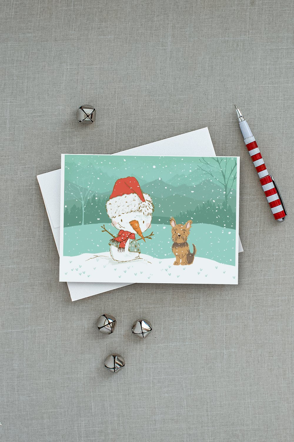 Yorkie Cropped Ears Snowman Christmas Greeting Cards Pack of 8 Blank Cards with Envelopes Whimsical A7 Size 5x7