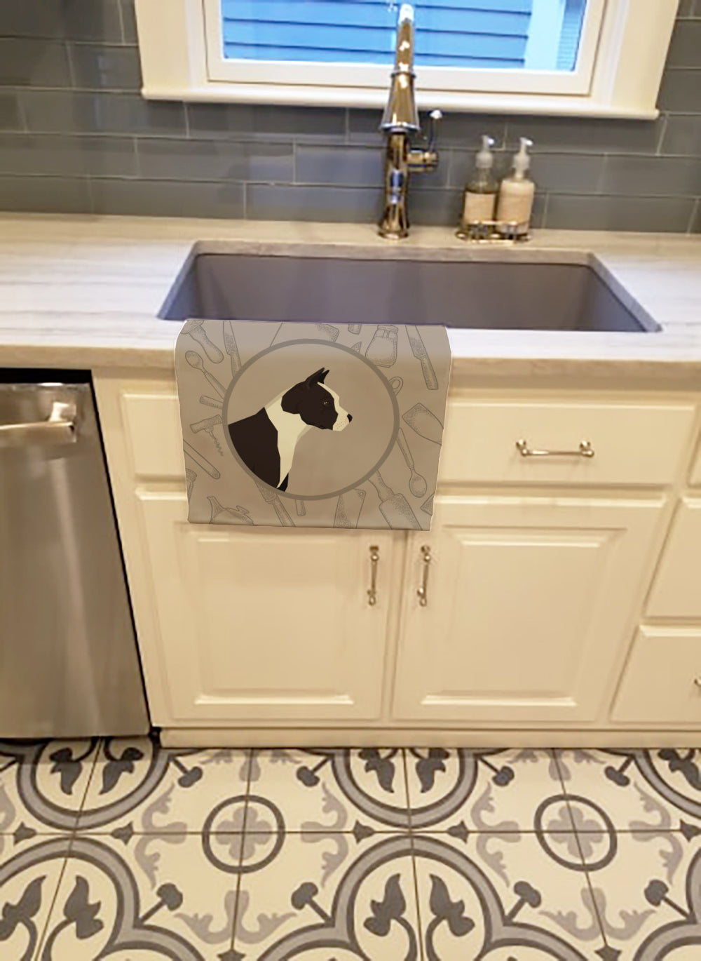 American Staffordshire Terrier In the Kitchen Kitchen Towel Velour Plush Front and Cotton Loop Back Machine Washable