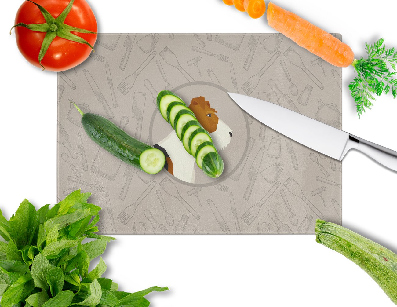 Fox Terrier In the Kitchen Cutting Board Tempered Glass Kitchen Cutting Surface, Heat Resistant Chopping, Non-Slip Feet, Food Prep & Serving