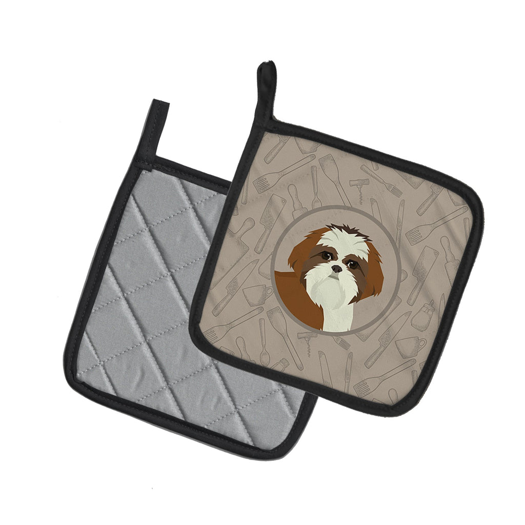 Shih Tzu In the Kitchen Pot Holder Set of 2 Heat Resistant Quilted Hot Pads 7.5 x 7.5 Inch, Insulated Kitchen Trivets for Cooking & Baking