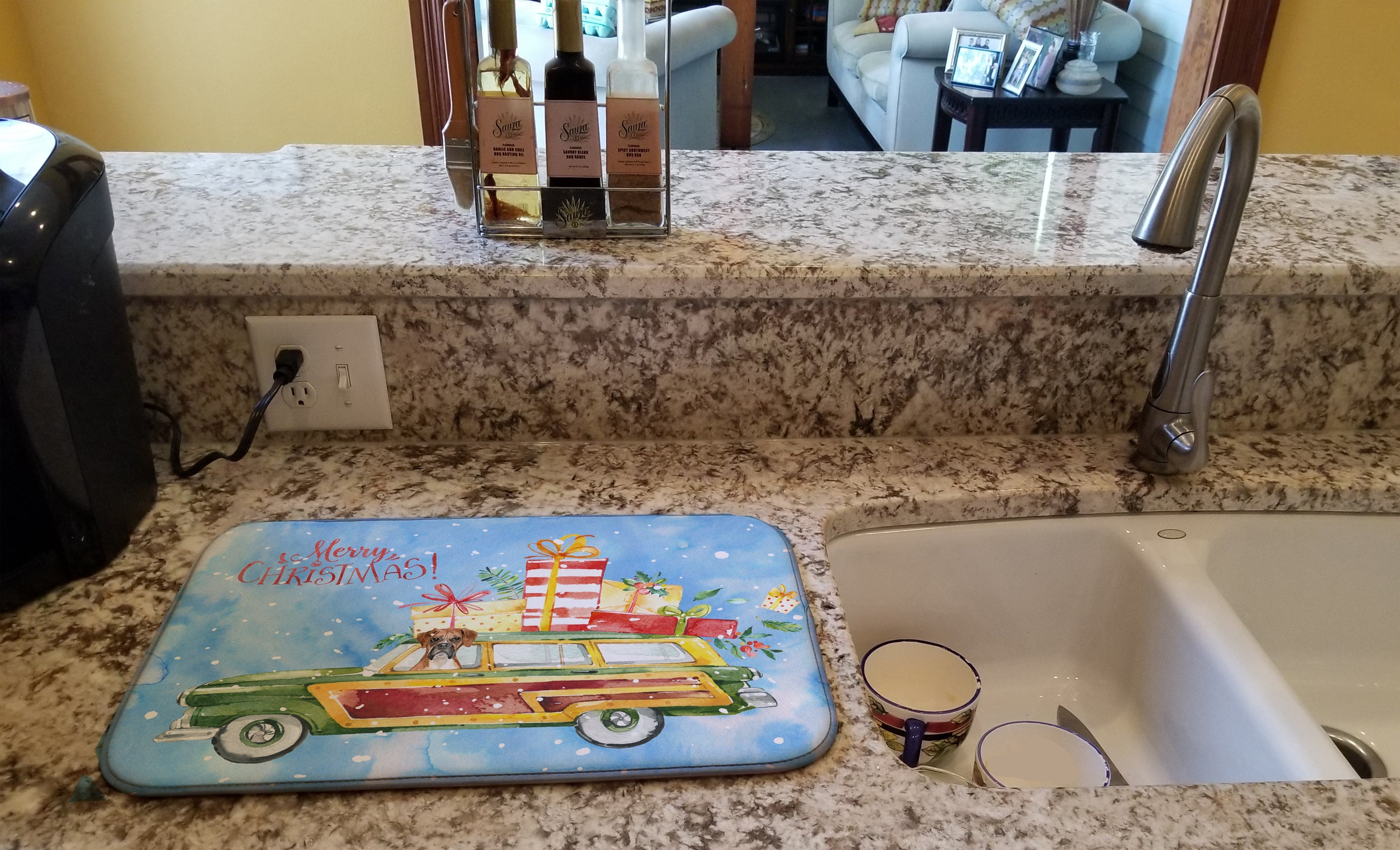 Merry Christmas Boxer Dish Drying Mat Absorbent Dish Drying Mat Pad for Kitchen Counter Dish Drainer Mat for Countertop, 14 x 21", Multicolor