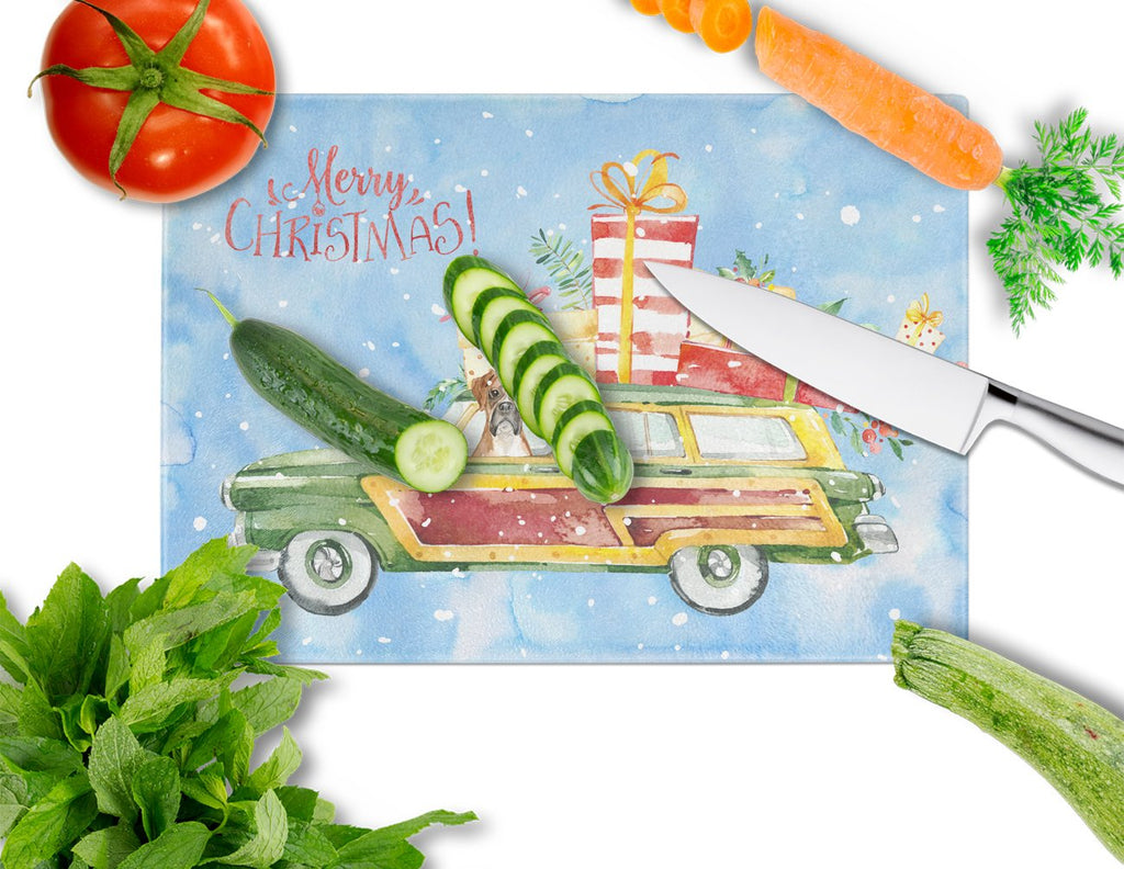 Merry Christmas Boxer Cutting Board Tempered Glass Kitchen Cutting Surface, Heat Resistant Chopping, Non-Slip Feet, Food Prep & Serving