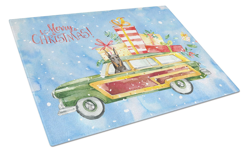 Merry Christmas Doberman Pinscher Cutting Board Tempered Glass Kitchen Cutting Surface, Heat Resistant Chopping, Non-Slip Feet, Food Prep & Serving