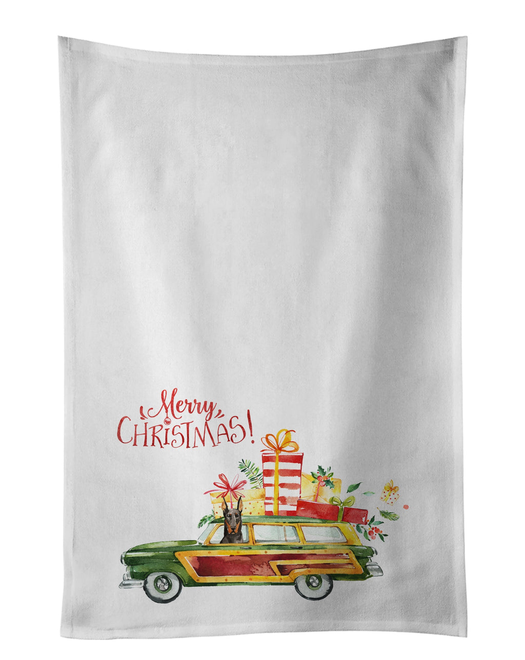 Merry Christmas Doberman Pinscher Kitchen Towel Set of 2 White Dish Towels Decorative Bathroom Hand towel for Hand, Face, Hair, Yoga, Tea, Dishcloth, 19 X 28", White