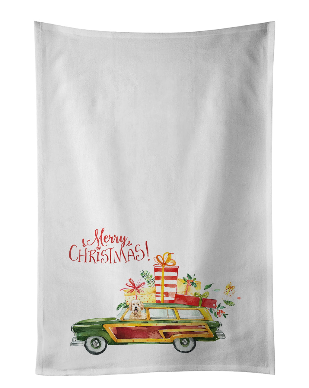 Merry Christmas Goldendoodle Kitchen Towel Set of 2 White Dish Towels Decorative Bathroom Hand towel for Hand, Face, Hair, Yoga, Tea, Dishcloth, 19 X 28", White