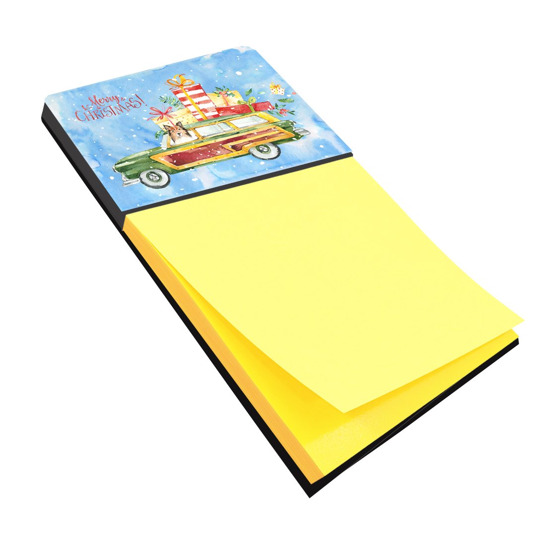 Merry Christmas Sheltie Watercolor Sticky Note Holder Refillable Dispenser Desk Accessory 3x3 Pad Gift