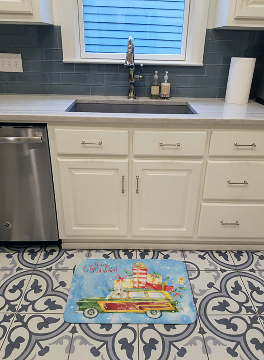 Merry Christmas Wheaten Terrier Memory Foam Kitchen Mat Machine Washable Anti-Fatigue Cushion Comfort Bath or Kitchen Rug