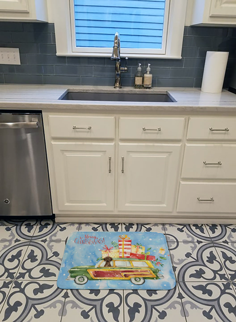 Merry Christmas Chocolate Labrador Retriever Memory Foam Kitchen Mat Machine Washable Anti-Fatigue Cushion Comfort Bath or Kitchen Rug