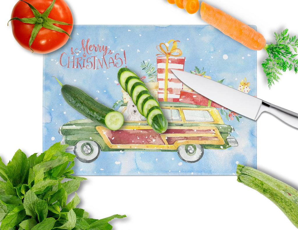 Merry Christmas Westie Cutting Board Tempered Glass Kitchen Cutting Surface, Heat Resistant Chopping, Non-Slip Feet, Food Prep & Serving