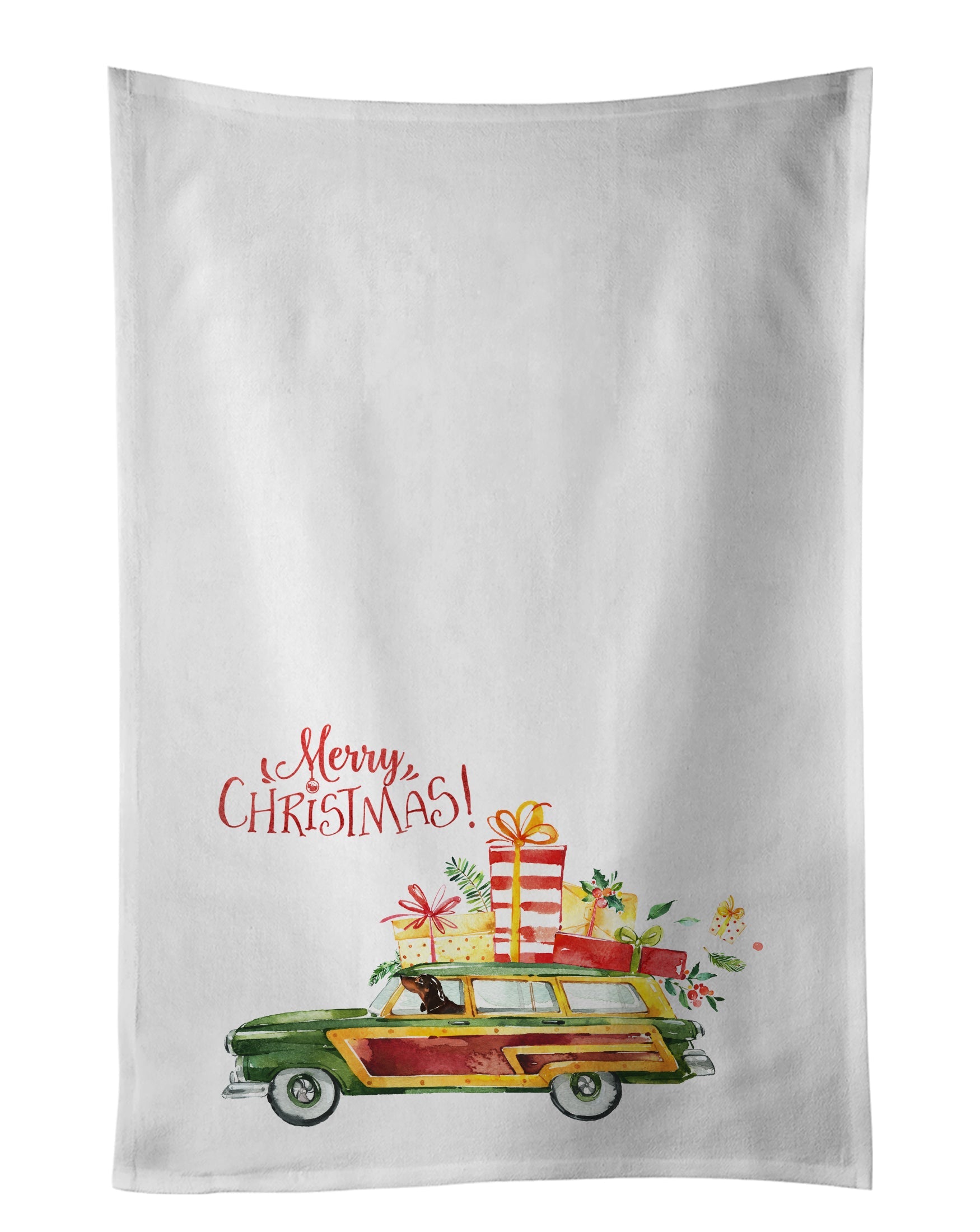 Merry Christmas Dachshund Kitchen Towel Set of 2 White Dish Towels Decorative Bathroom Hand towel for Hand, Face, Hair, Yoga, Tea, Dishcloth, 19 X 28", White