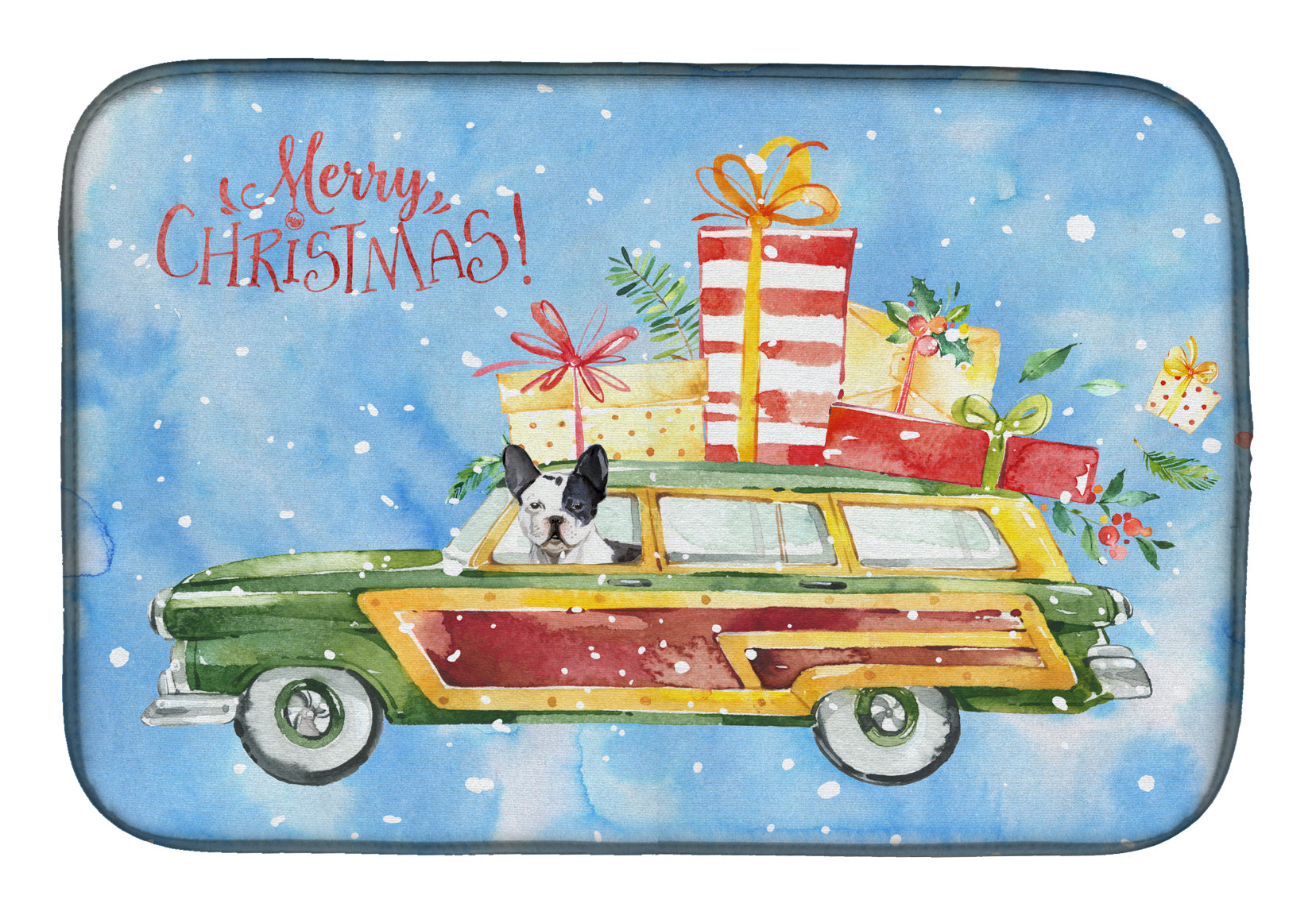 Merry Christmas French Bulldog Dish Drying Mat Absorbent Dish Drying Mat Pad for Kitchen Counter Dish Drainer Mat for Countertop, 14 x 21", Multicolor