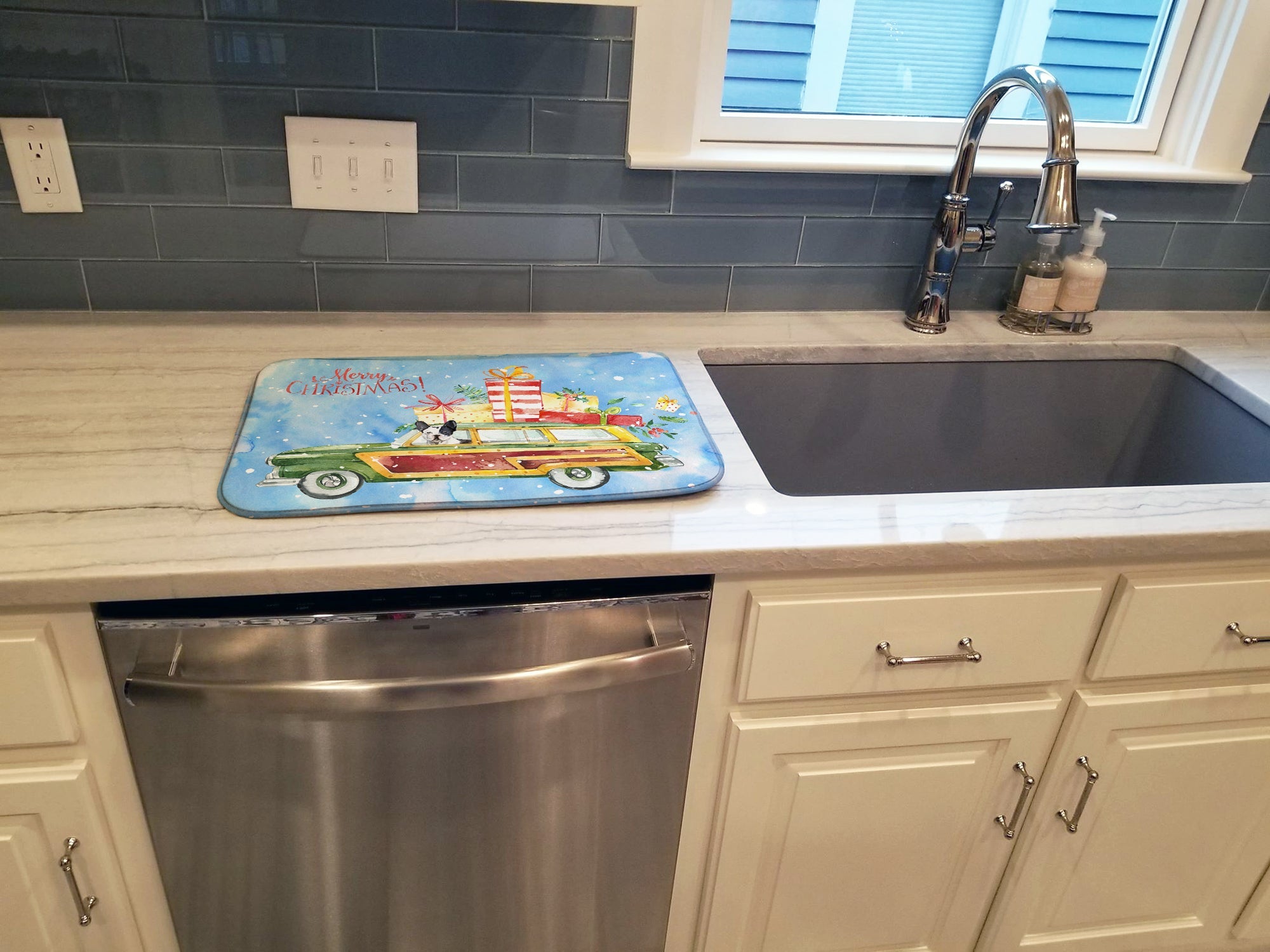 Merry Christmas French Bulldog Dish Drying Mat Absorbent Dish Drying Mat Pad for Kitchen Counter Dish Drainer Mat for Countertop, 14 x 21", Multicolor