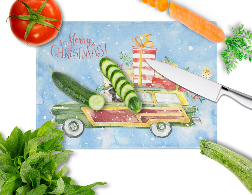 Merry Christmas Border Collie Cutting Board Tempered Glass Kitchen Cutting Surface, Heat Resistant Chopping, Non-Slip Feet, Food Prep & Serving