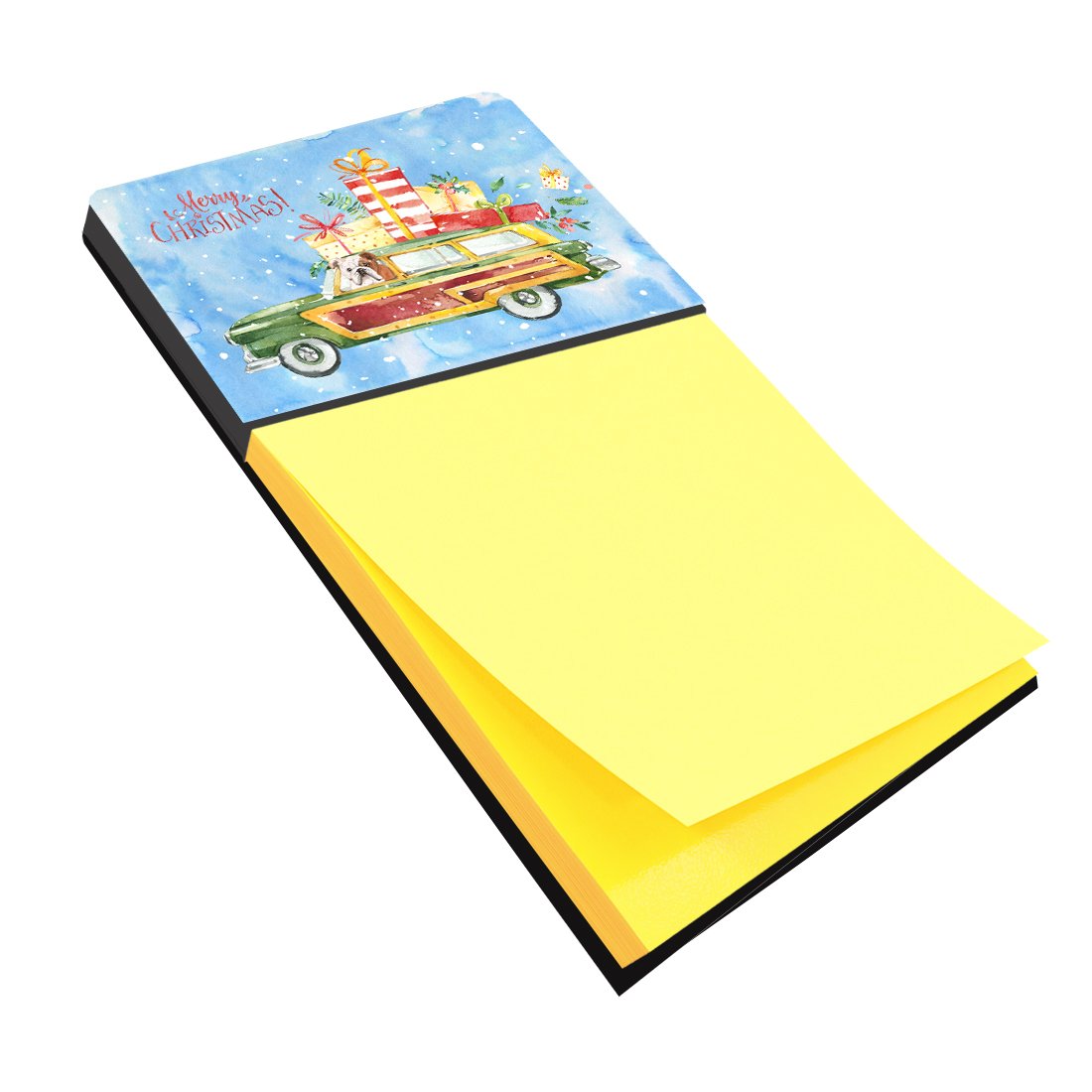Merry Christmas English Bulldog Watercolor Sticky Note Holder Refillable Dispenser Desk Accessory 3x3 Pad Gift