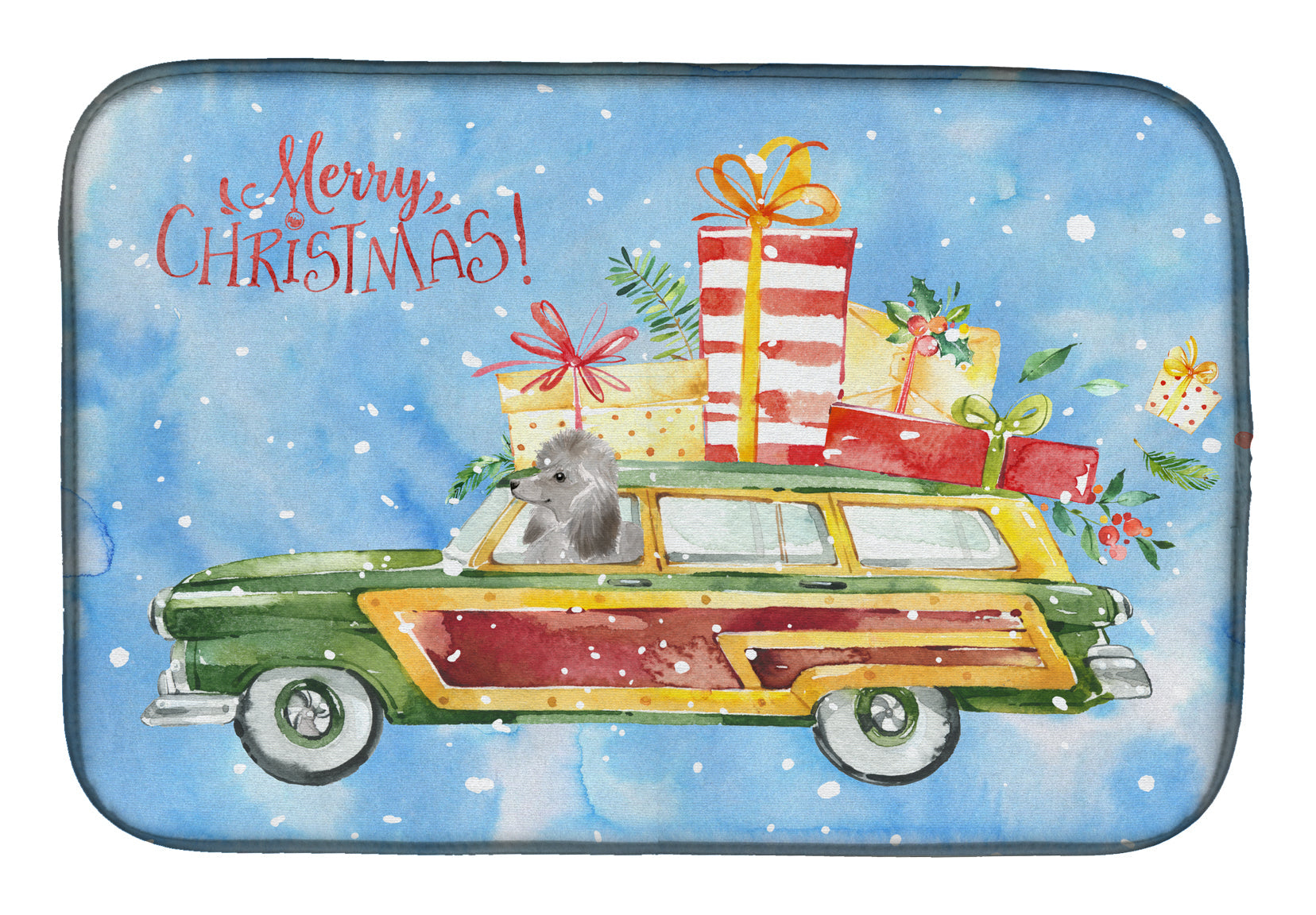 Merry Christmas Silver Poodle Dish Drying Mat Absorbent Dish Drying Mat Pad for Kitchen Counter Dish Drainer Mat for Countertop, 14 x 21", Multicolor
