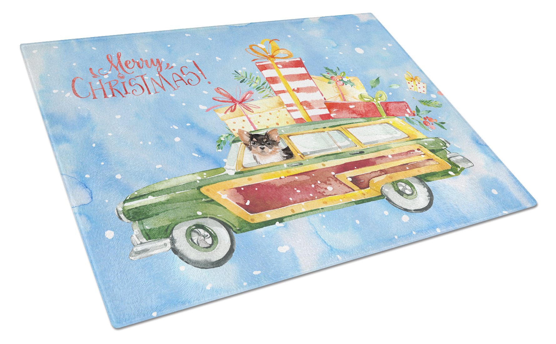 Merry Christmas Long Haired Chihuahua Cutting Board Tempered Glass Kitchen Cutting Surface, Heat Resistant Chopping, Non-Slip Feet, Food Prep & Serving