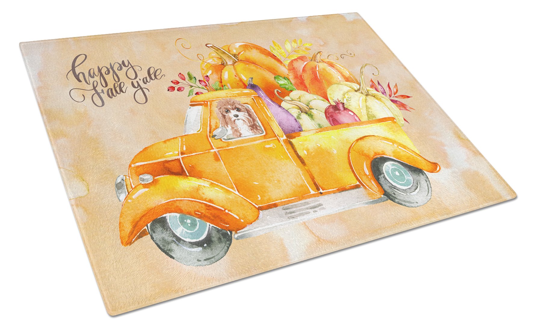 Fall Harvest Cavapoo Cutting Board Tempered Glass Kitchen Cutting Surface, Heat Resistant Chopping, Non-Slip Feet, Food Prep & Serving