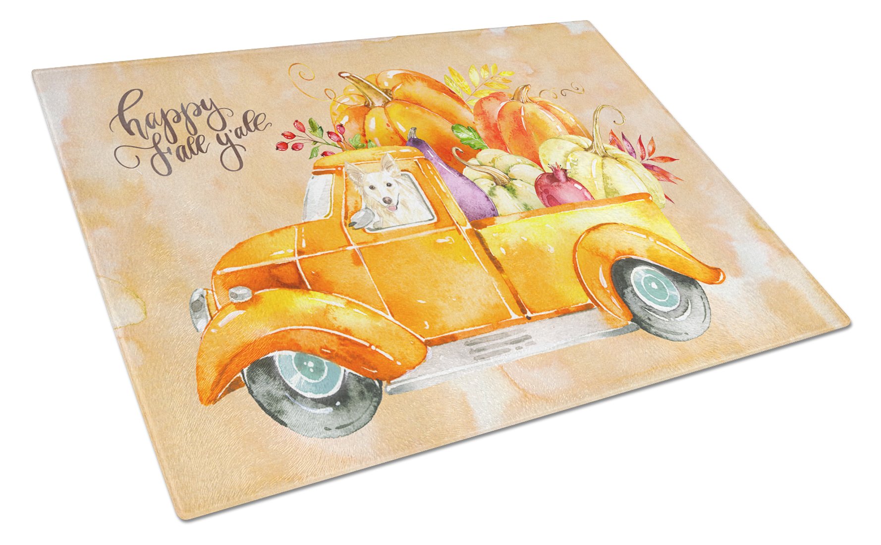 Fall Harvest White Collie Cutting Board Tempered Glass Kitchen Cutting Surface, Heat Resistant Chopping, Non-Slip Feet, Food Prep & Serving